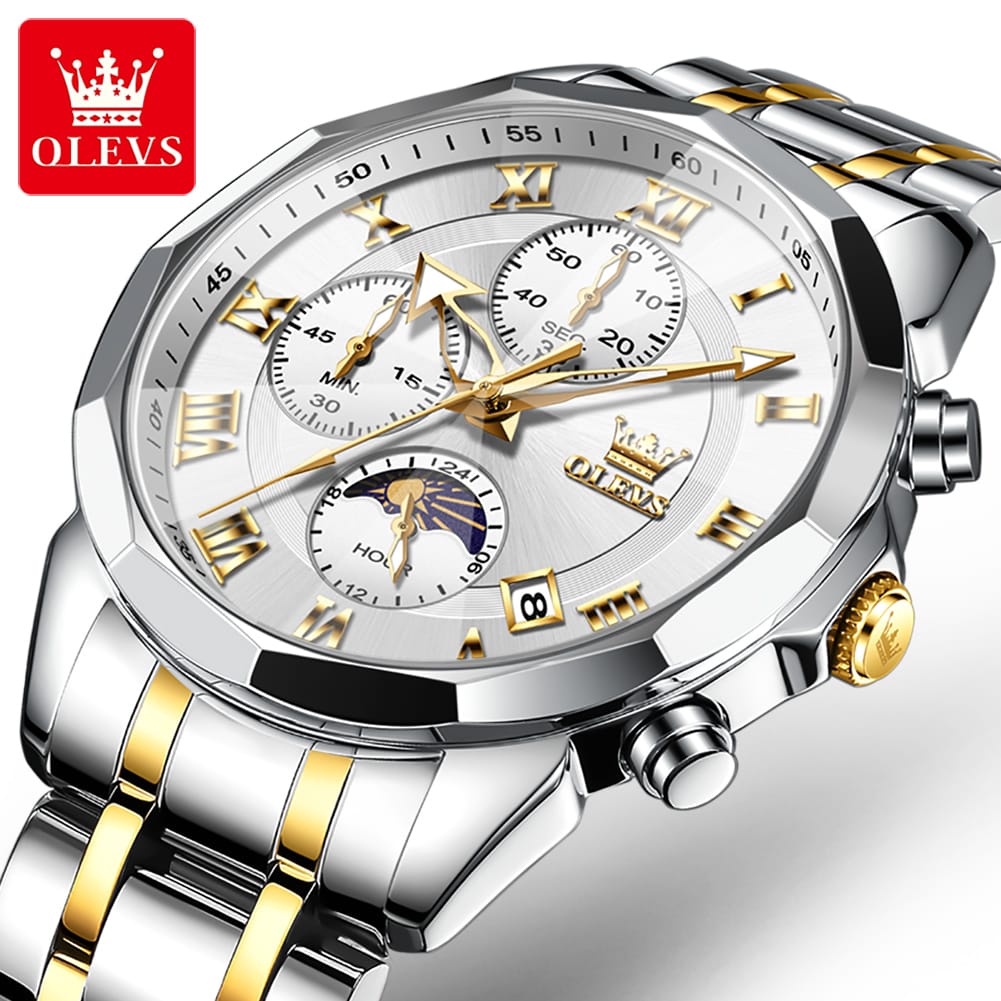 OLEVS 3675 Mens Moon Phase Classic Male Wrist Watch Analog Quartz Business Dress Watches Calendar Stainless Steel Strap Watches