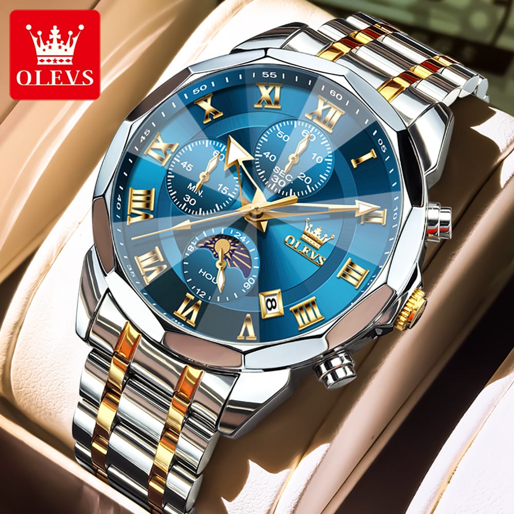 OLEVS 3675 Mens Moon Phase Classic Male Wrist Watch Analog Quartz Business Dress Watches Calendar Stainless Steel Strap Watches