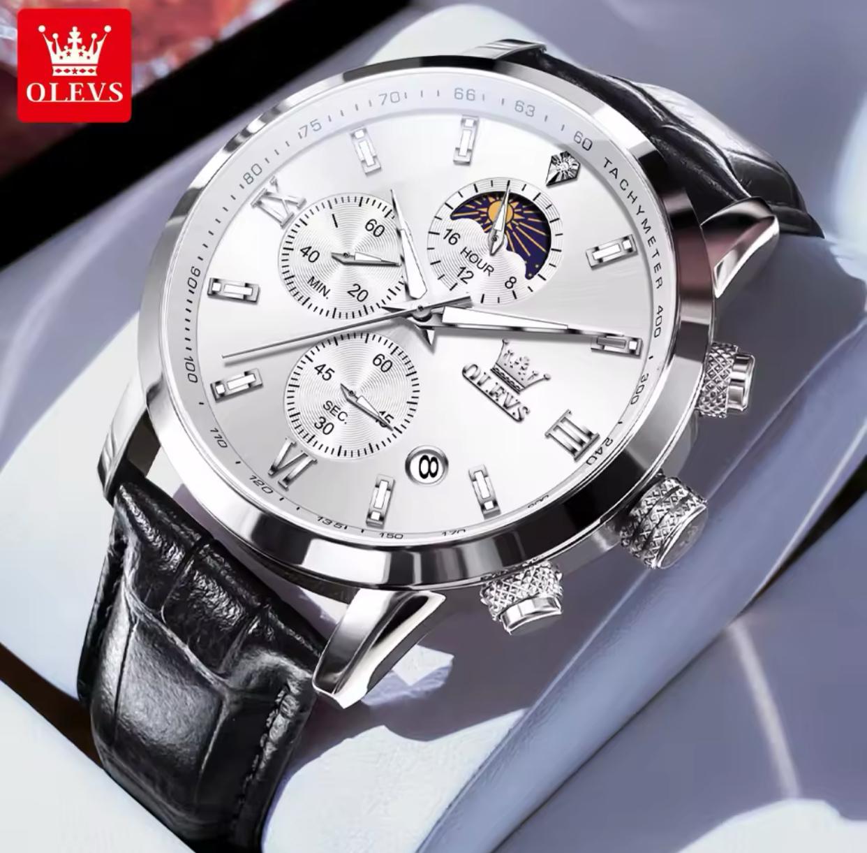Wristwatches Genuine Leather Belt OLEVS 9812 Luminous Original Luxury Watches Men Waterproof Men's Quartz Moon Phase Sport Watch