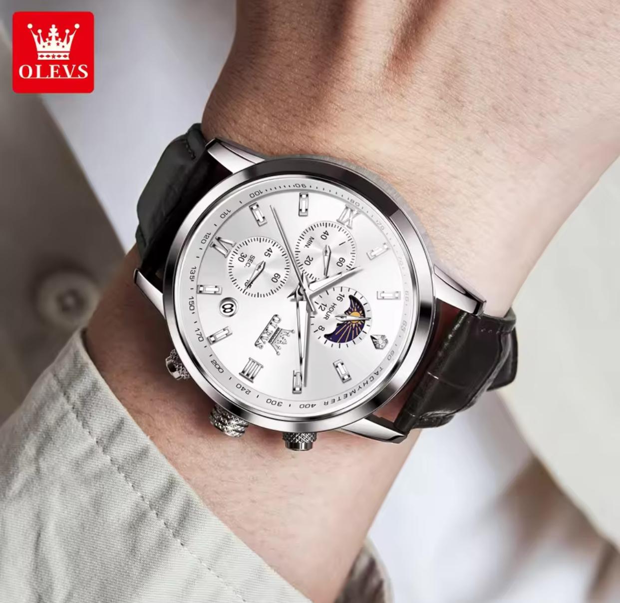 Wristwatches Genuine Leather Belt OLEVS 9812 Luminous Original Luxury Watches Men Waterproof Men's Quartz Moon Phase Sport Watch