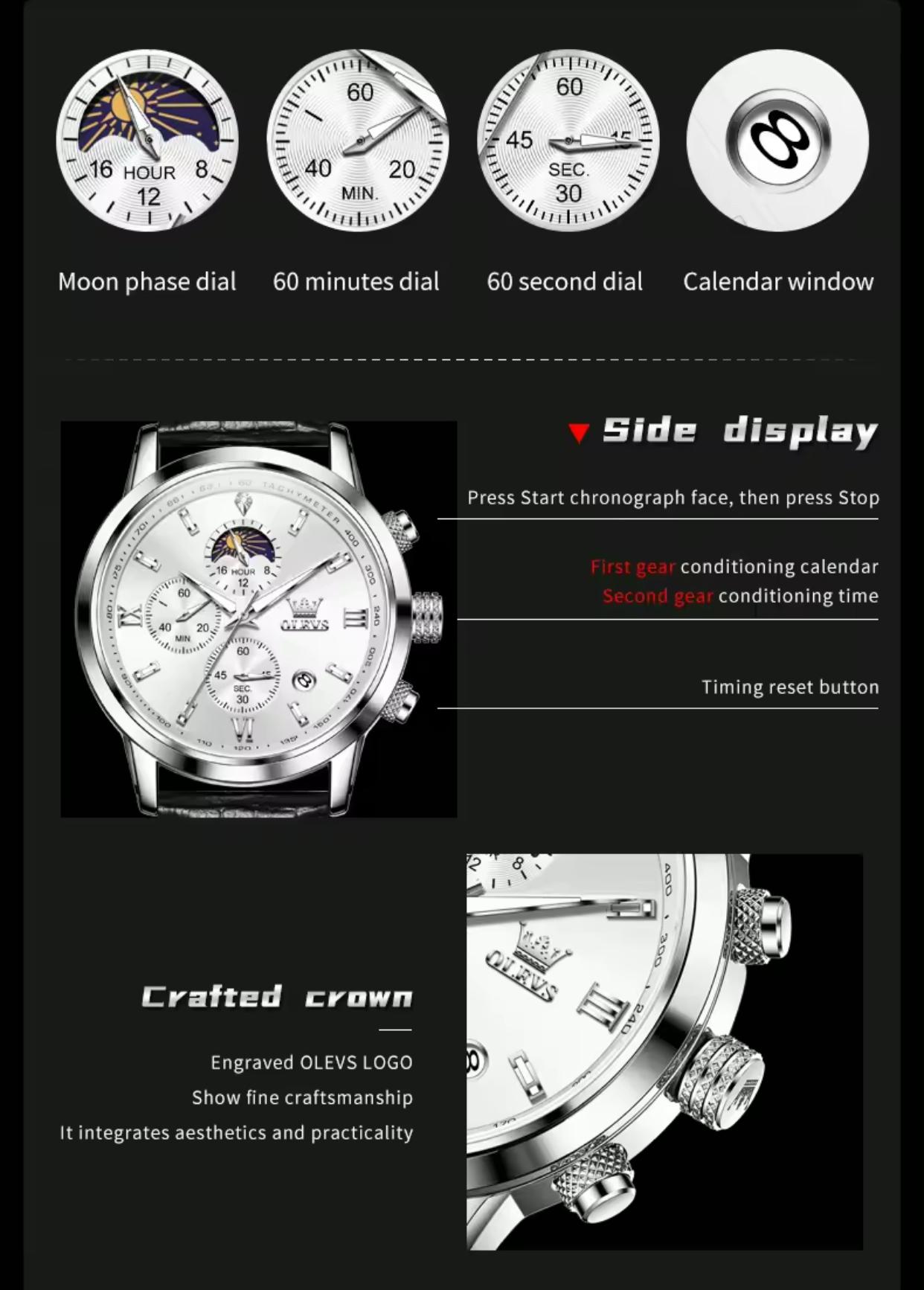Wristwatches Genuine Leather Belt OLEVS 9812 Luminous Original Luxury Watches Men Waterproof Men's Quartz Moon Phase Sport Watch