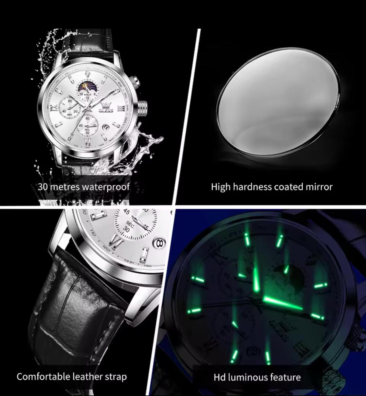 Wristwatches Genuine Leather Belt OLEVS 9812 Luminous Original Luxury Watches Men Waterproof Men's Quartz Moon Phase Sport Watch