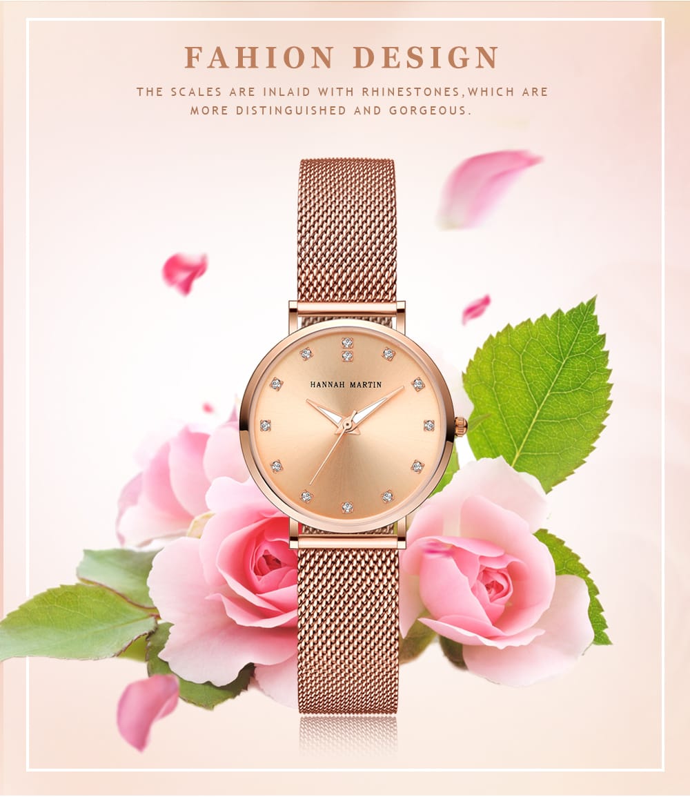 Hannah martin CZ32HTrending Rose Gold Women Hour Stylish Steel Band Waterproof Analog Display Concise Casual Hand Watc