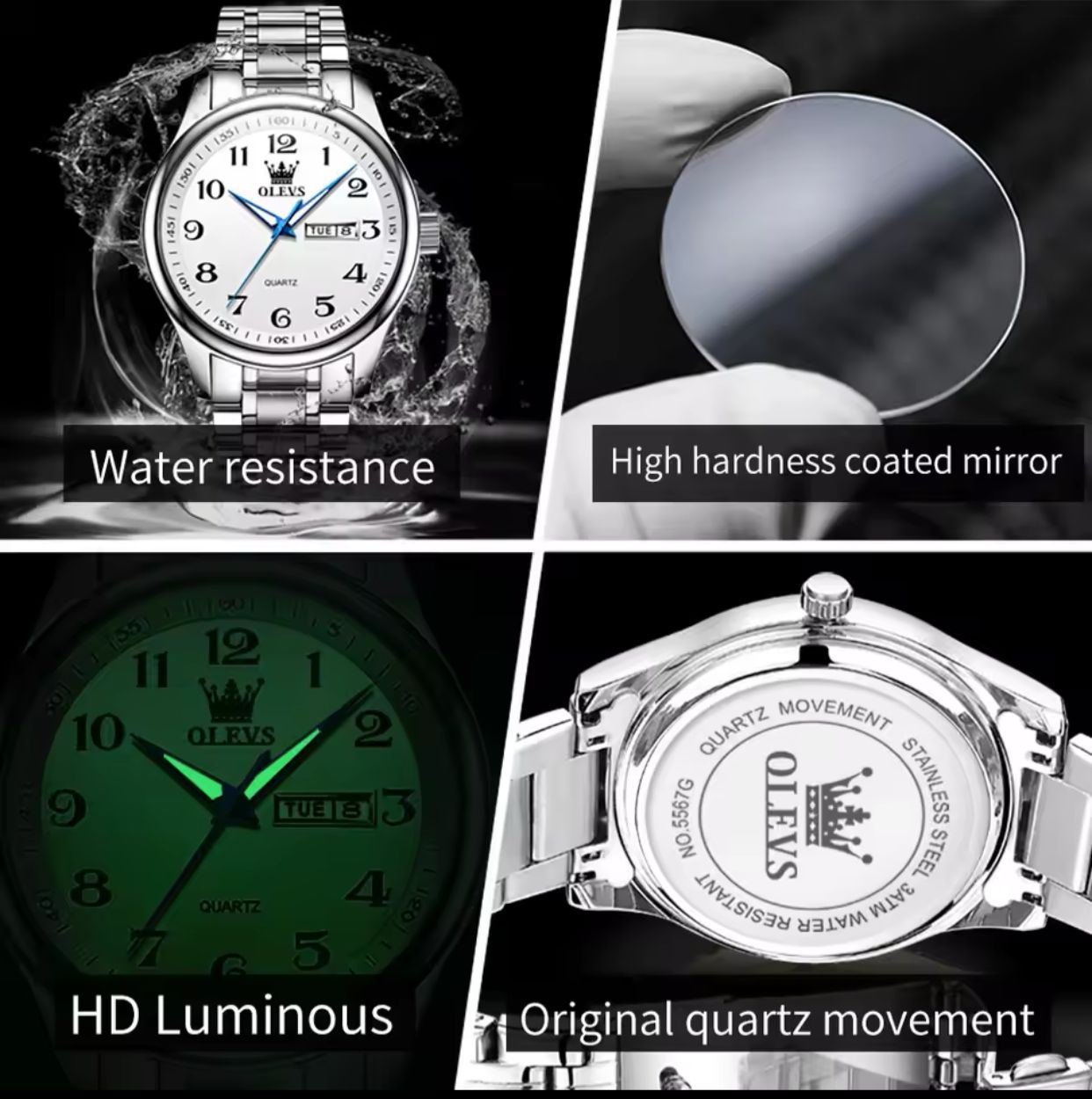 Olevs 5567 Classic Fashion Business Stainless Steel Strap Luxury Sport Waterproof Luminous Hands Date Quartz Men Wrist Watch