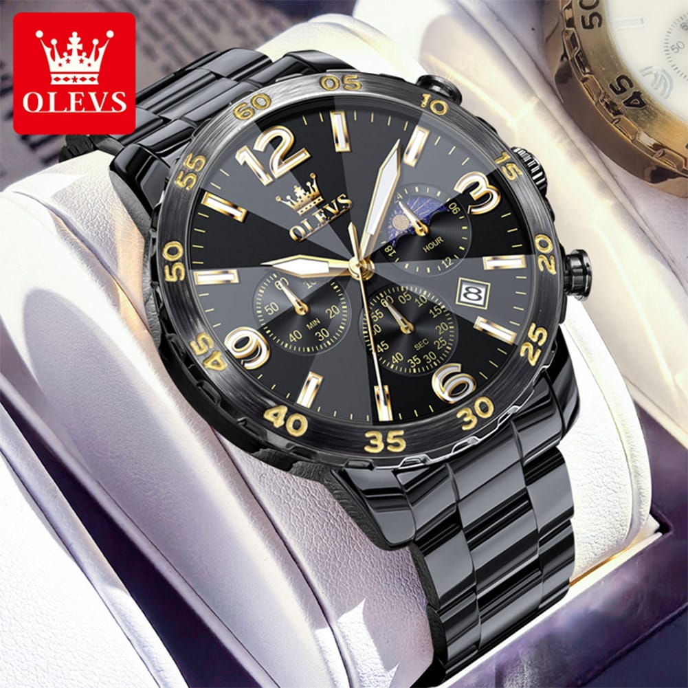 OLEVS 3678 Moon Phase Watches Waterproof Man Fashion Chronograph Quartz Big Dial Original Calendar Hand Stainless Watch for Men