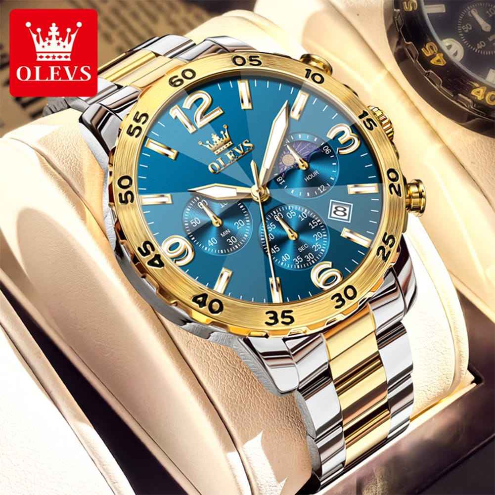 OLEVS 3678 Moon Phase Watches Waterproof Man Fashion Chronograph Quartz Big Dial Original Calendar Hand Stainless Watch for Men