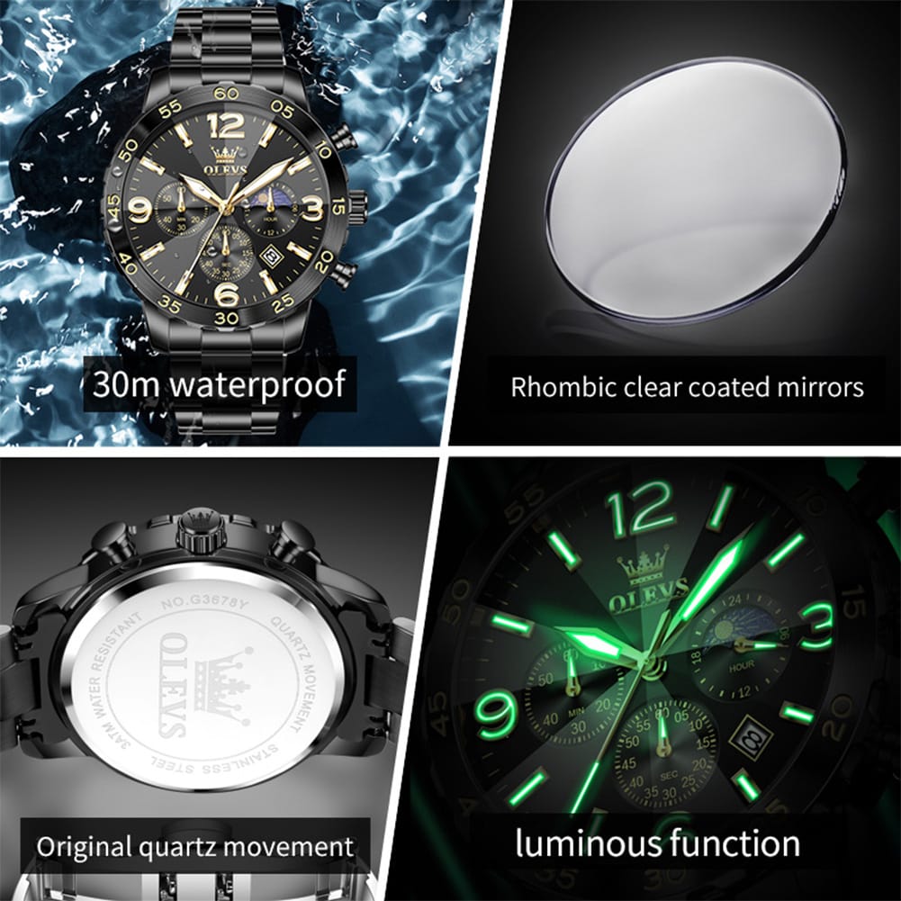 OLEVS 3678 Moon Phase Watches Waterproof Man Fashion Chronograph Quartz Big Dial Original Calendar Hand Stainless Watch for Men