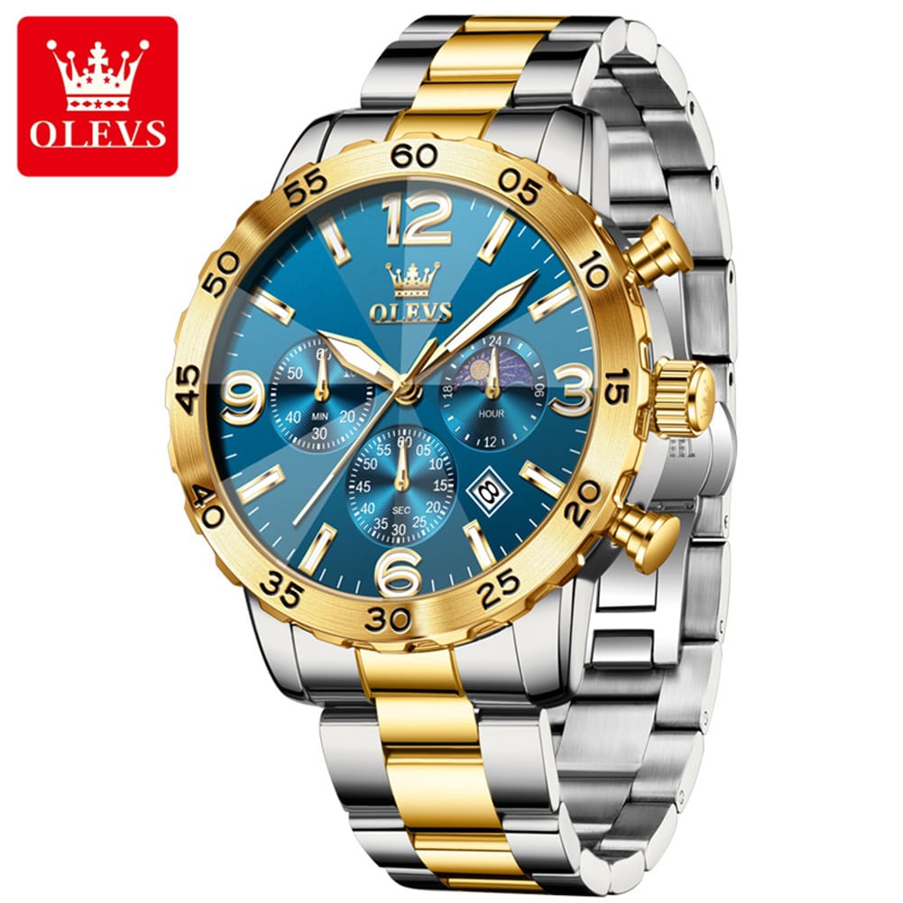 OLEVS 3678 Moon Phase Watches Waterproof Man Fashion Chronograph Quartz Big Dial Original Calendar Hand Stainless Watch for Men