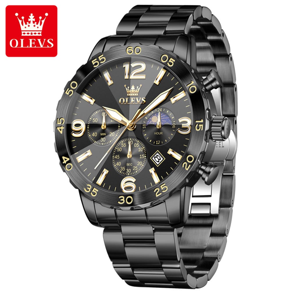 OLEVS 3678 Moon Phase Watches Waterproof Man Fashion Chronograph Quartz Big Dial Original Calendar Hand Stainless Watch for Men
