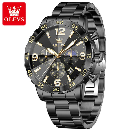 OLEVS 3678 Moon Phase Watches Waterproof Man Fashion Chronograph Quartz Big Dial Original Calendar Hand Stainless Watch for Men