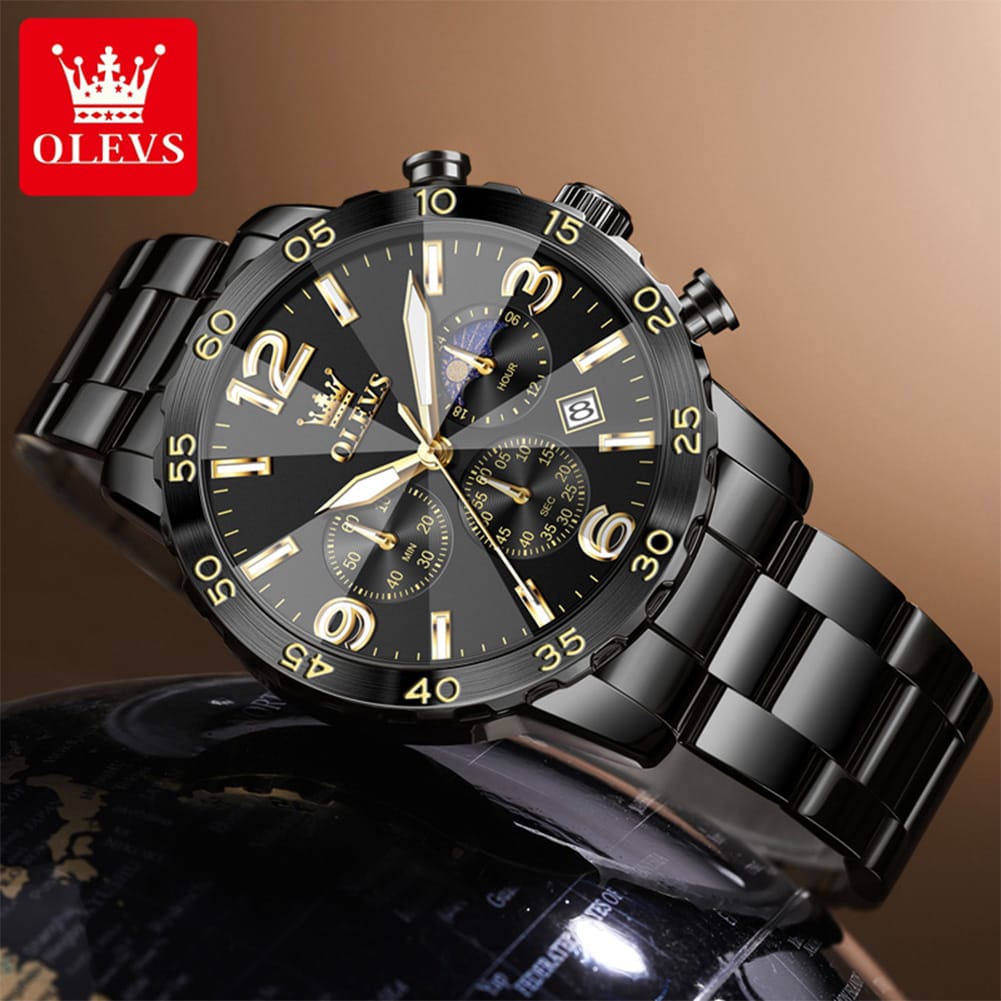 OLEVS 3678 Moon Phase Watches Waterproof Man Fashion Chronograph Quartz Big Dial Original Calendar Hand Stainless Watch for Men