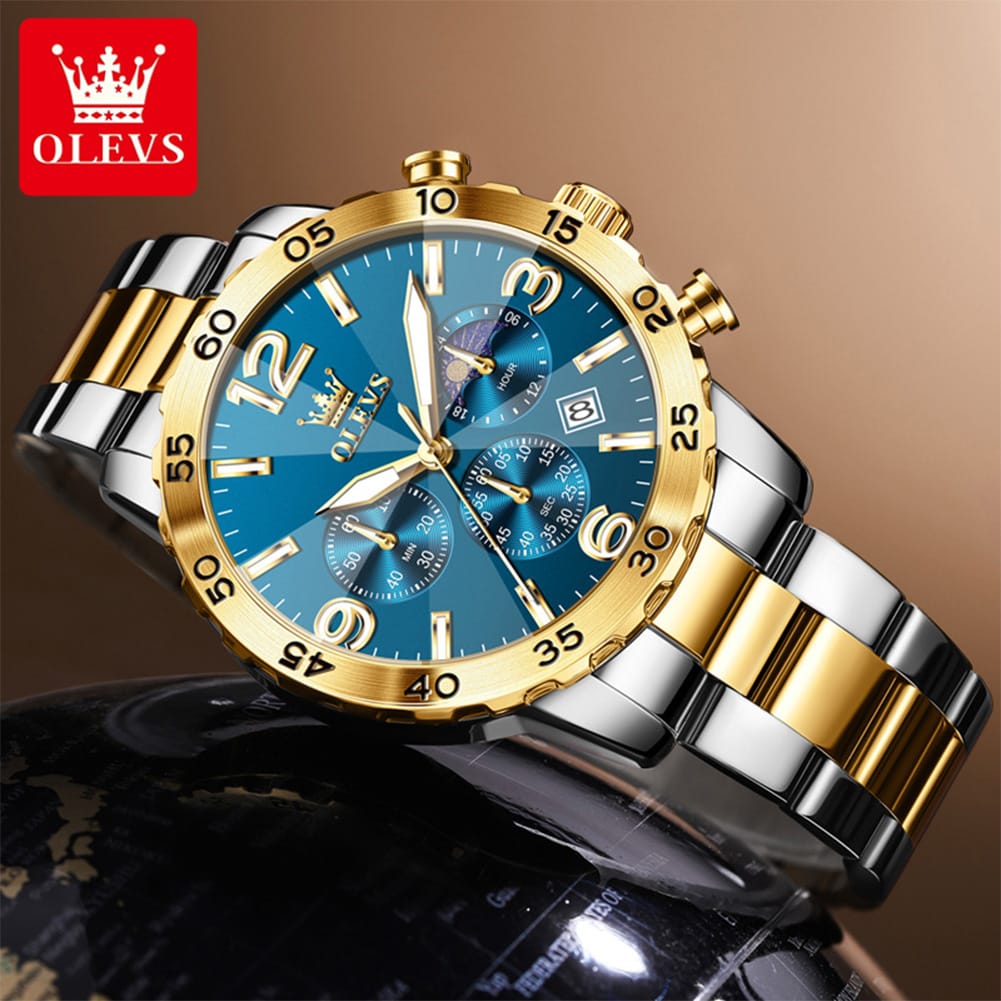 OLEVS 3678 Moon Phase Watches Waterproof Man Fashion Chronograph Quartz Big Dial Original Calendar Hand Stainless Watch for Men