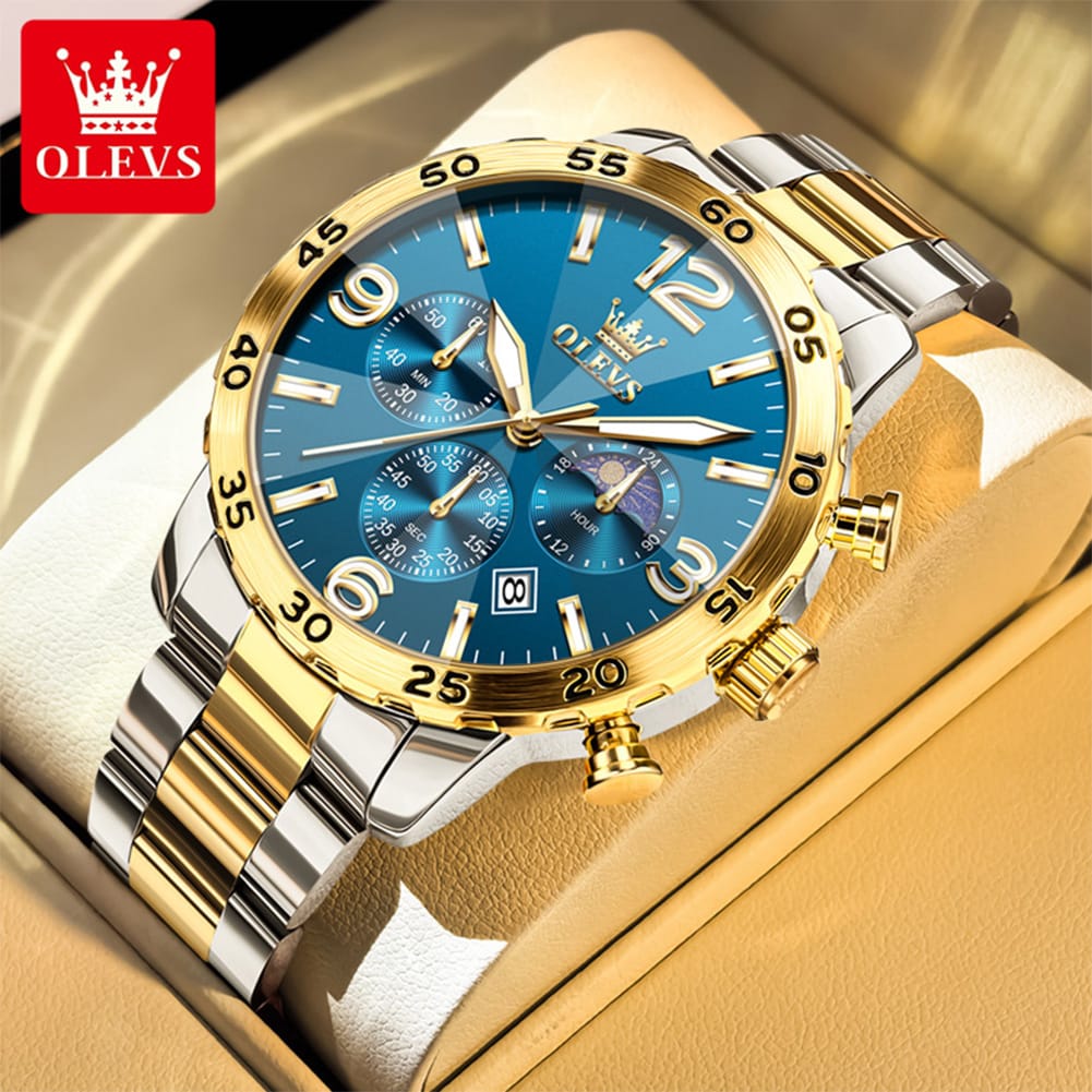 OLEVS 3678 Moon Phase Watches Waterproof Man Fashion Chronograph Quartz Big Dial Original Calendar Hand Stainless Watch for Men