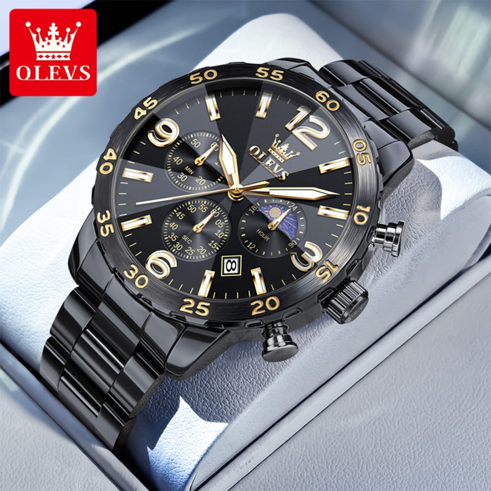 OLEVS 3678 Moon Phase Watches Waterproof Man Fashion Chronograph Quartz Big Dial Original Calendar Hand Stainless Watch for Men