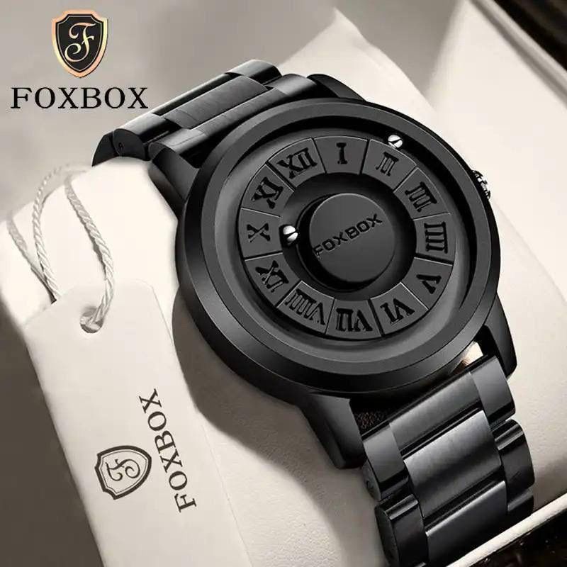 New Magnetic Ball Watch Mens Water FOXBOX 0047 proof Leather Quartz Wristwatch Skeleton 42MM Dial Rolling Ball Pointer Men Clock