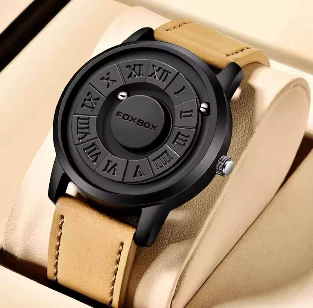 New Magnetic Ball Watch Mens Water FOXBOX 0047 proof Leather Quartz Wristwatch Skeleton 42MM Dial Rolling Ball Pointer Men Clock