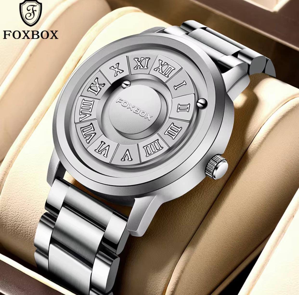 New Magnetic Ball Watch Mens Water FOXBOX 0047 proof Leather Quartz Wristwatch Skeleton 42MM Dial Rolling Ball Pointer Men Clock