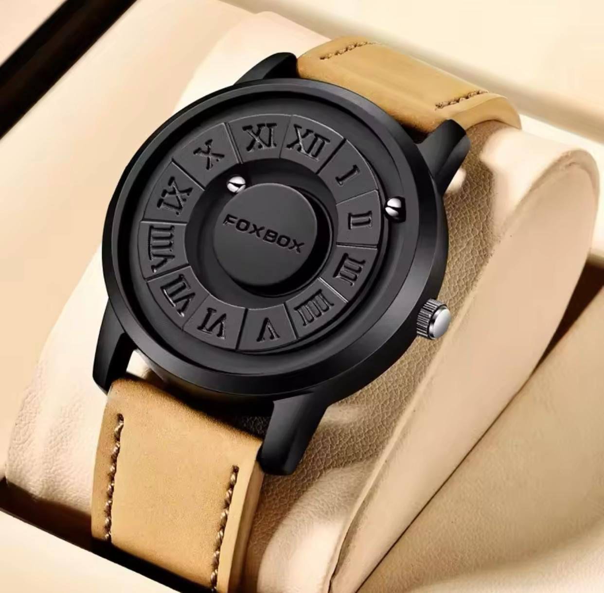 New Magnetic Ball Watch Mens Water FOXBOX 0047 proof Leather Quartz Wristwatch Skeleton 42MM Dial Rolling Ball Pointer Men Clock