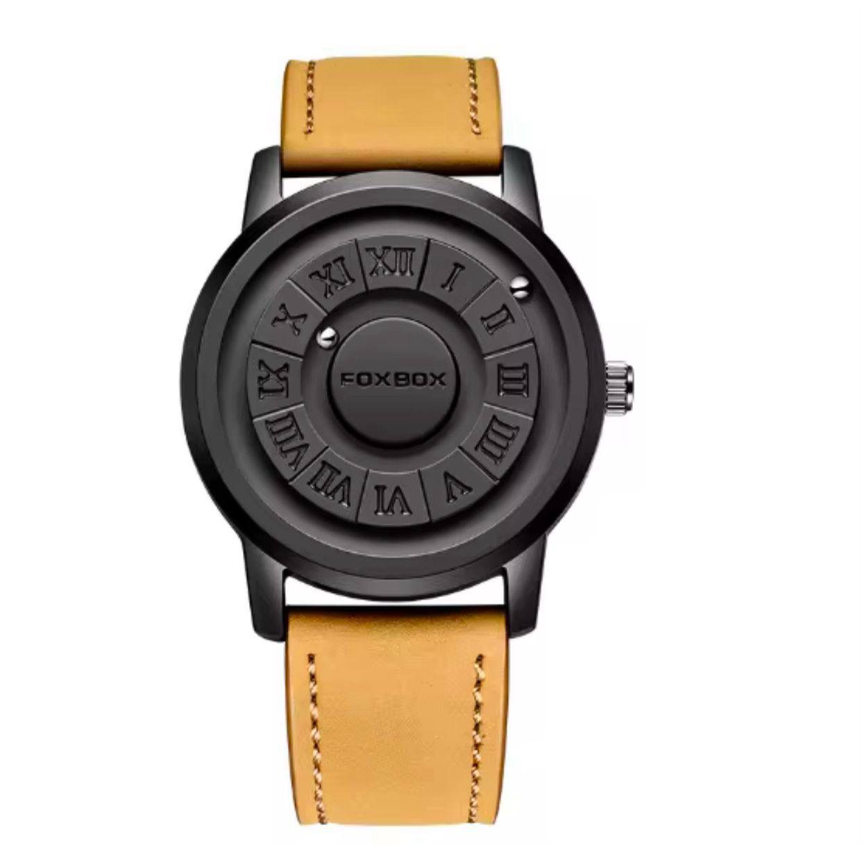 New Magnetic Ball Watch Mens Water FOXBOX 0047 proof Leather Quartz Wristwatch Skeleton 42MM Dial Rolling Ball Pointer Men Clock