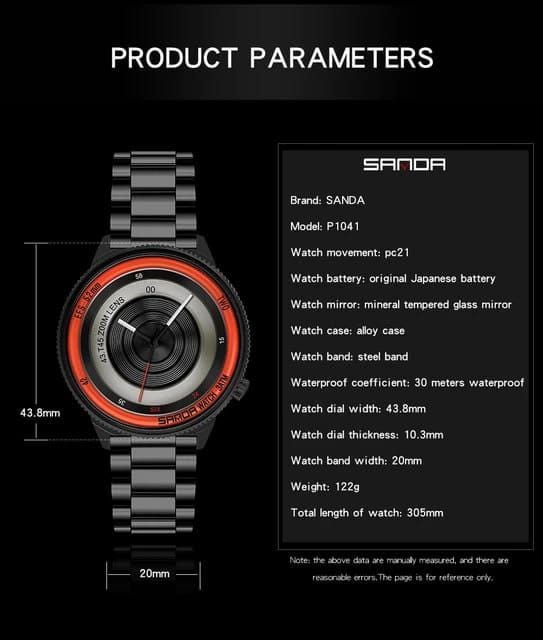 SANDA 1041 Mens Watches Top Brand Luxury Unique Design Fashion Watch Waterproof Quartz Watch for Men Black Clock