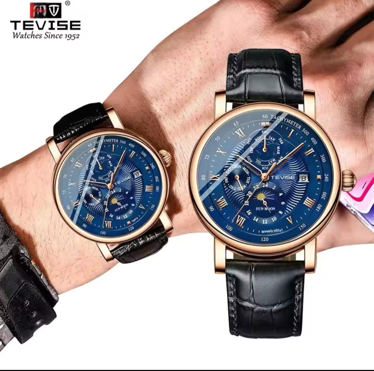 TEVISE T867A Mechanical Movement Month Dial Display 867A Complete Calendar Automatic Flywheel Men Leather Waterproof Wristwatch
