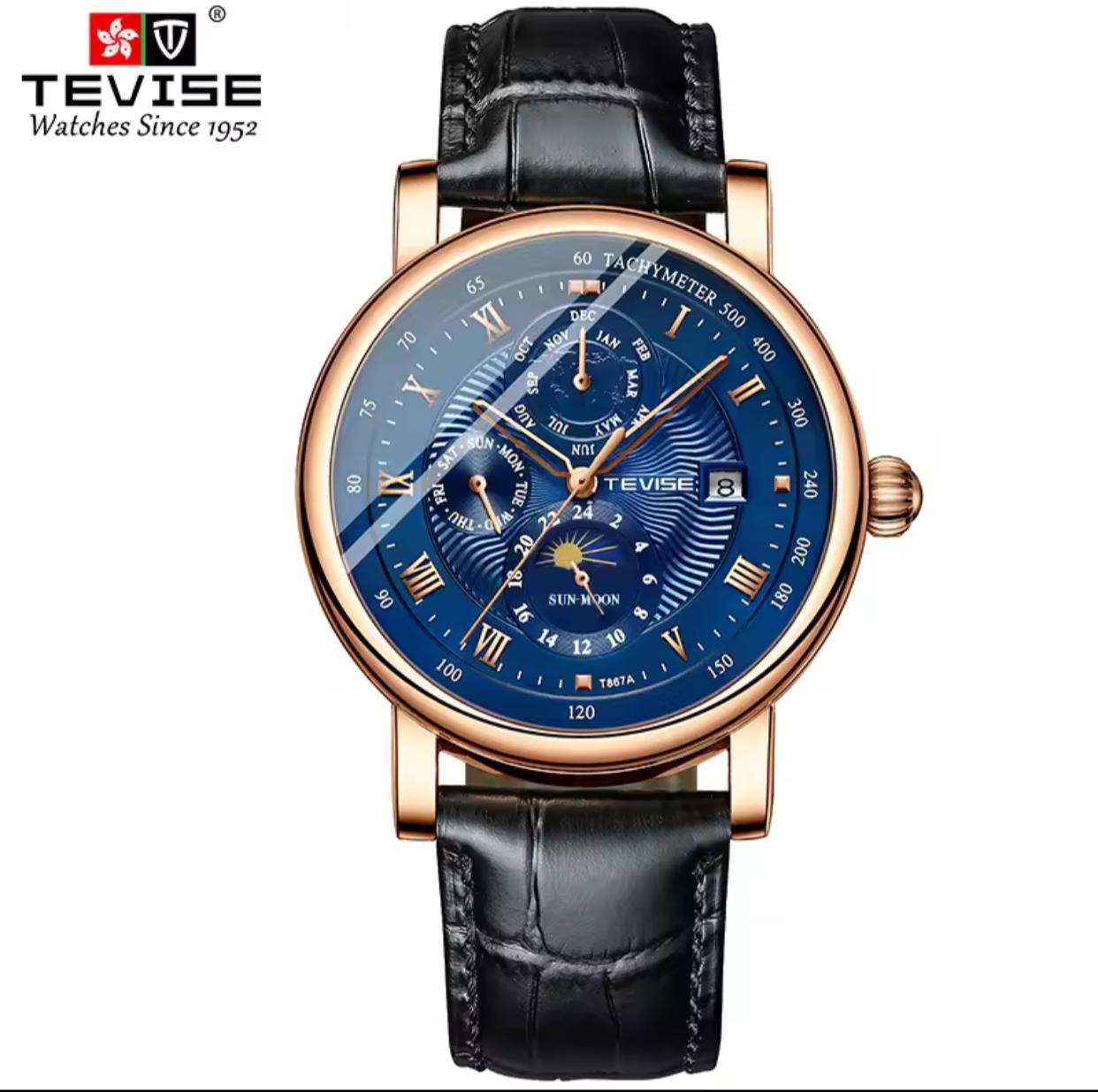 TEVISE T867A Mechanical Movement Month Dial Display 867A Complete Calendar Automatic Flywheel Men Leather Waterproof Wristwatch