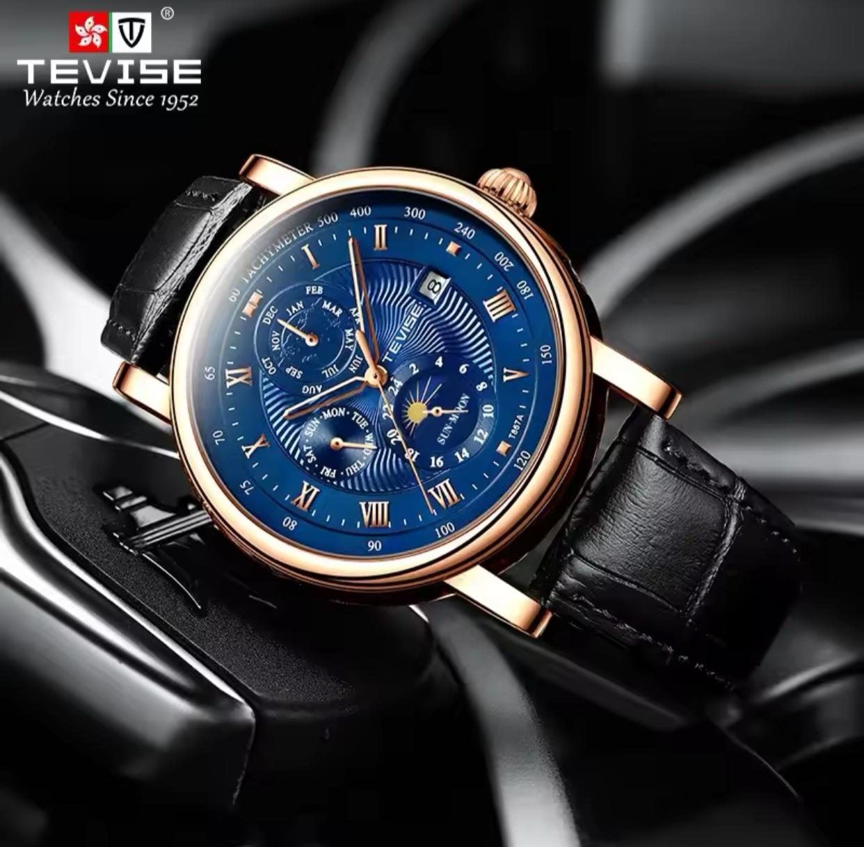 TEVISE T867A Mechanical Movement Month Dial Display 867A Complete Calendar Automatic Flywheel Men Leather Waterproof Wristwatch