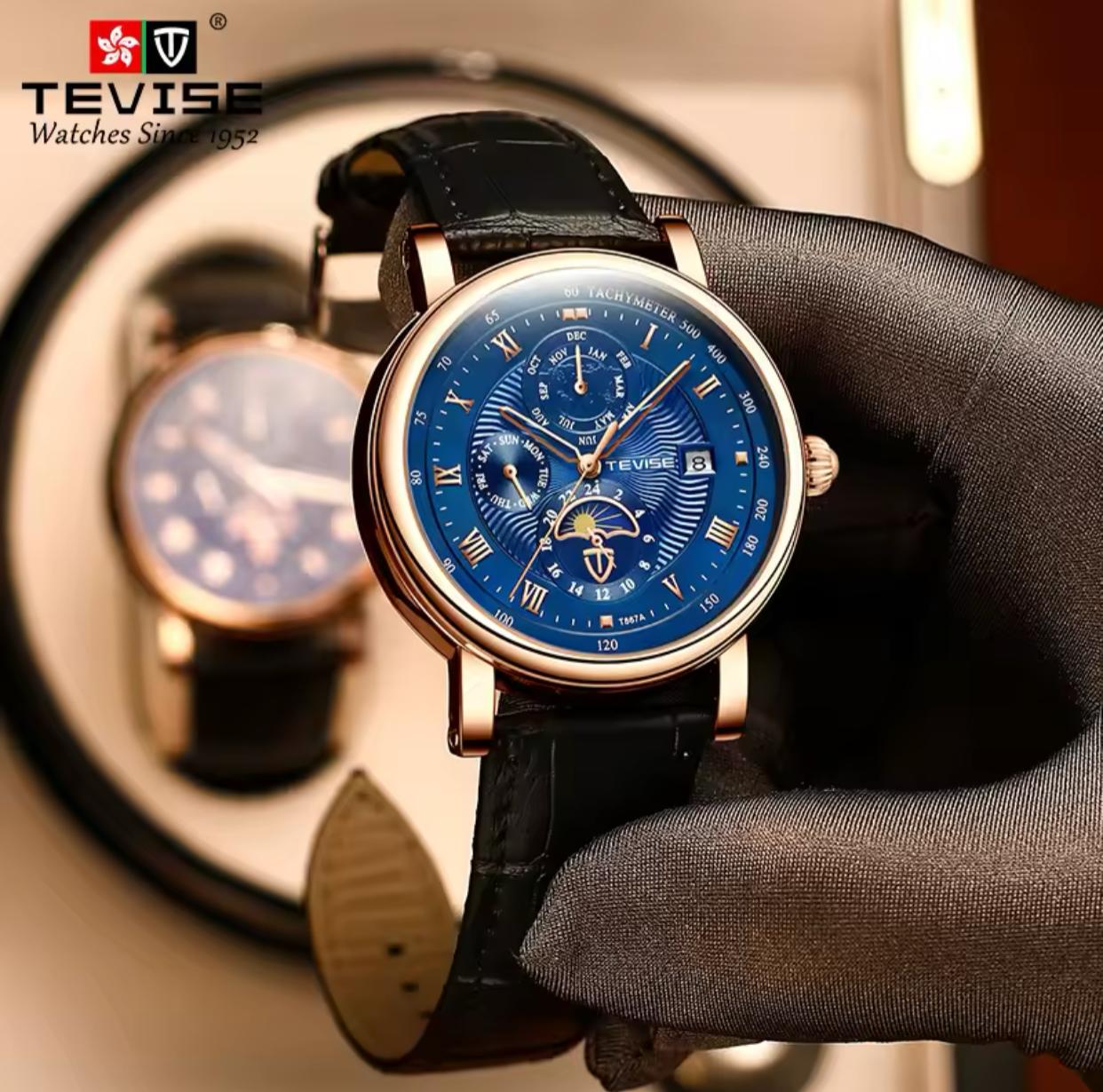 TEVISE T867A Mechanical Movement Month Dial Display 867A Complete Calendar Automatic Flywheel Men Leather Waterproof Wristwatch