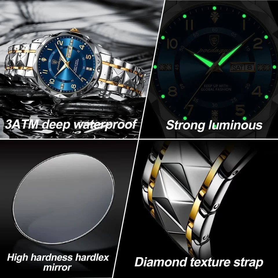 Poedagar New 858 Luxury Waterproof Luminous Date Week Men's Watch Stainless Steel Quartz Watches for Men