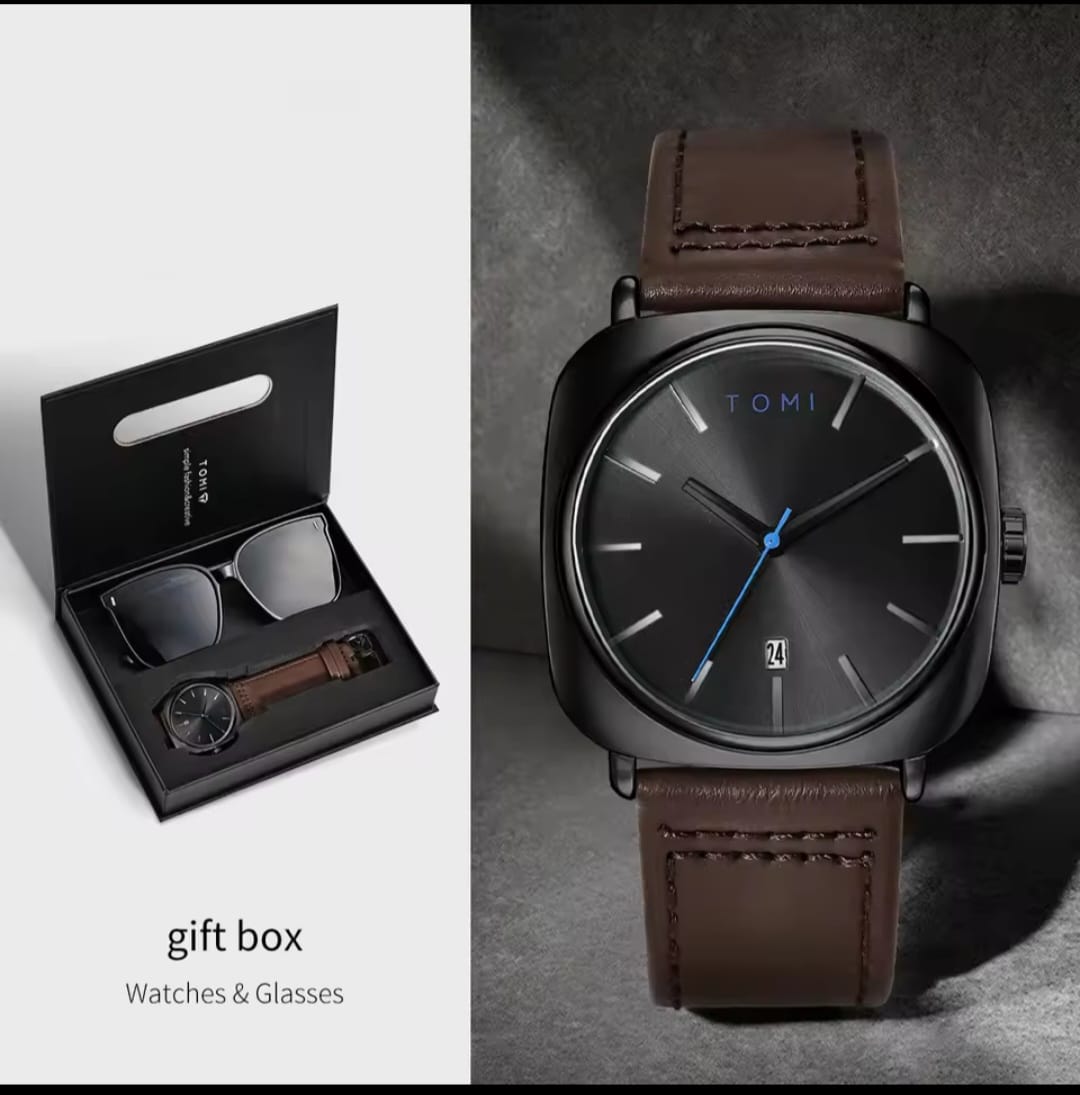 TOMI T084 Men's Casual Quartz Watch Luxury Leather Band Square Shell Two-Piece Classic Simple Design Fashionable Glasses Gift Box