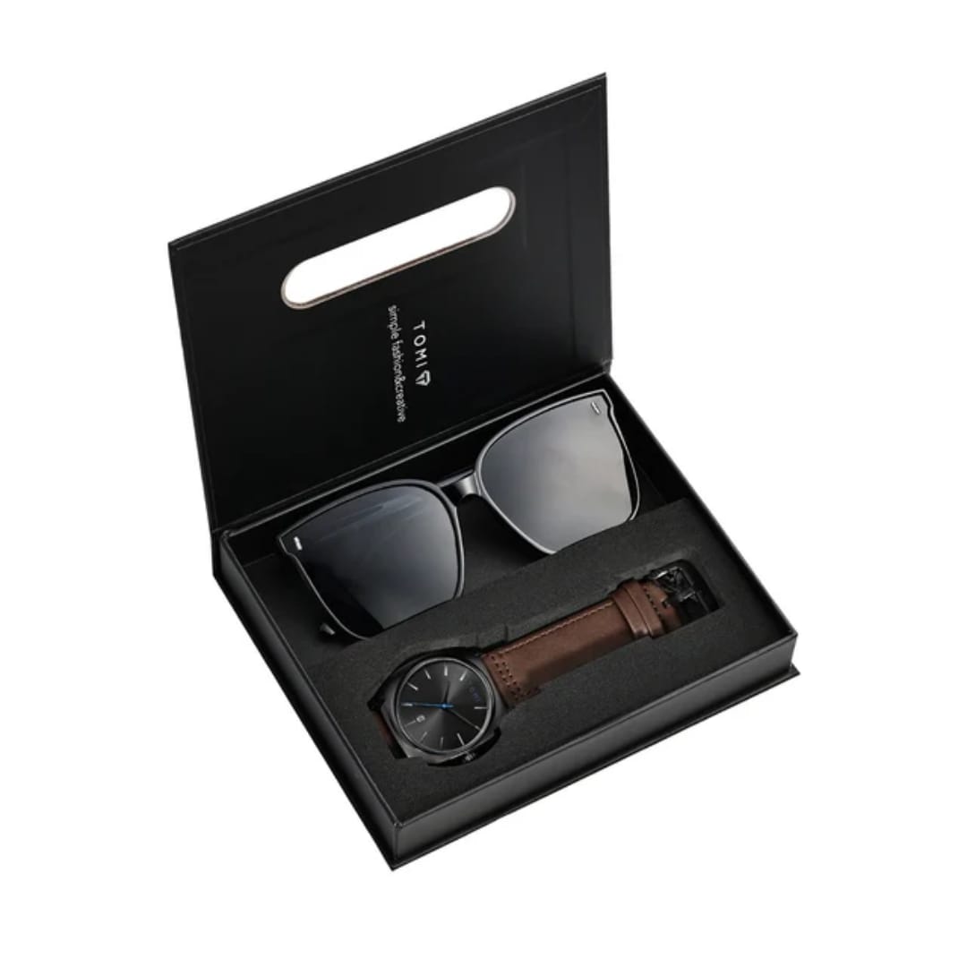 TOMI T084 Men's Casual Quartz Watch Luxury Leather Band Square Shell Two-Piece Classic Simple Design Fashionable Glasses Gift Box
