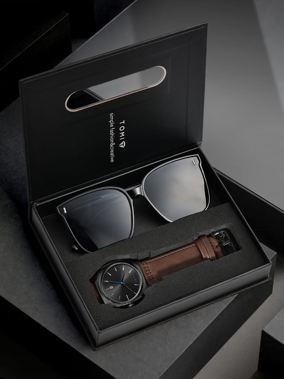 TOMI T084 Men's Casual Quartz Watch Luxury Leather Band Square Shell Two-Piece Classic Simple Design Fashionable Glasses Gift Box