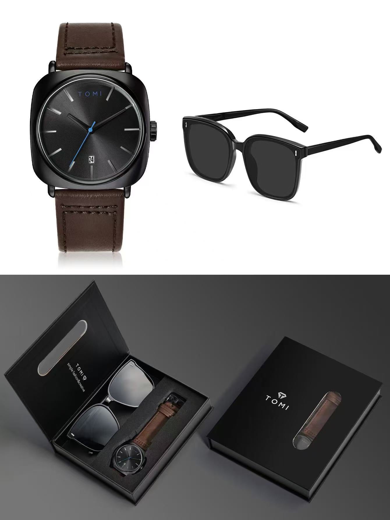 TOMI T084 Men's Casual Quartz Watch Luxury Leather Band Square Shell Two-Piece Classic Simple Design Fashionable Glasses Gift Box