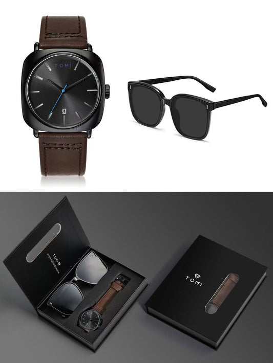 TOMI T084 Men's Casual Quartz Watch Luxury Leather Band Square Shell Two-Piece Classic Simple Design Fashionable Glasses Gift Box
