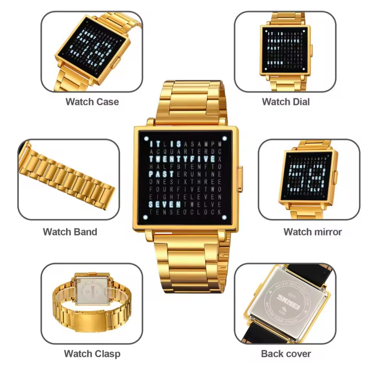 SKMEI 2312 Square Dial LED Display Men's Sports Watches Fashion Casual Business Digital Electronic Date Waterproof Wristwatch