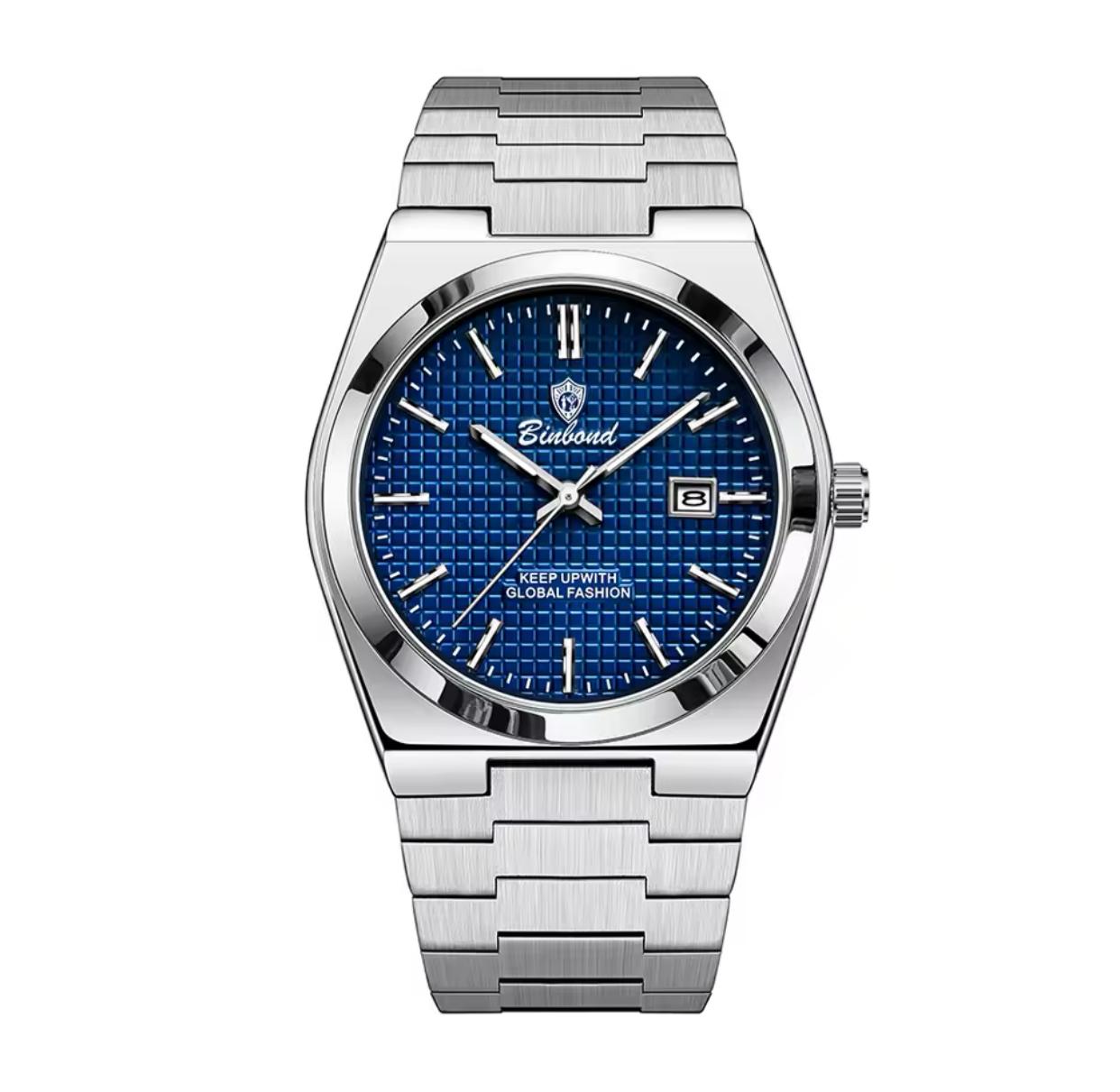 BINBOND B1128 Mens Fashion Luxury High Quality Stainless Steel Strap Silver Color Waterproof Quartz Watch