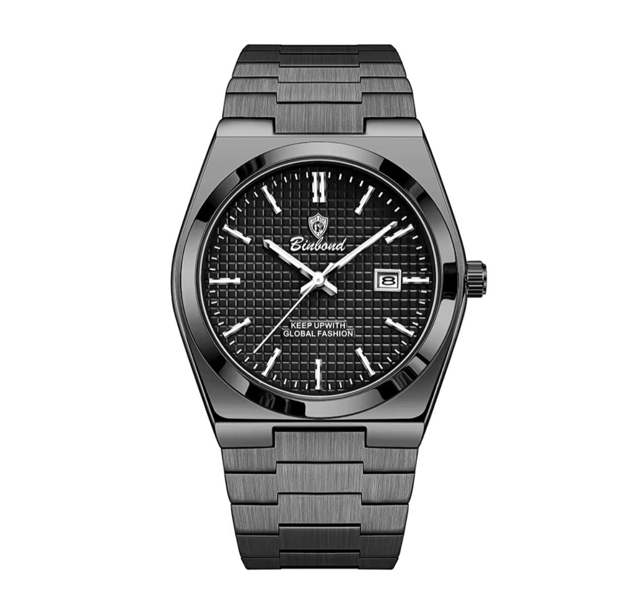 BINBOND B1128 Mens Fashion Luxury High Quality Stainless Steel Strap Silver Color Waterproof Quartz Watch