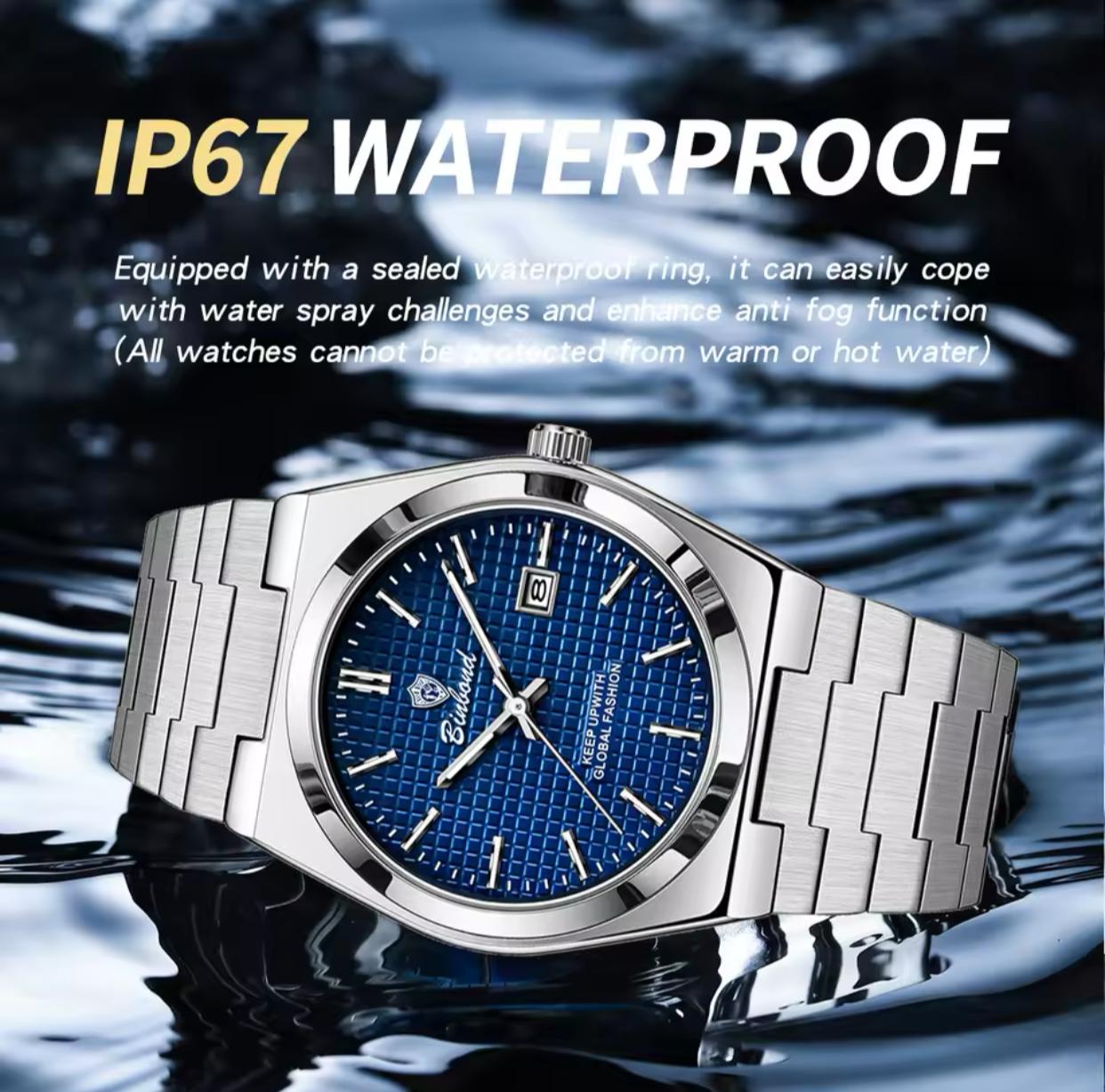 BINBOND B1128 Mens Fashion Luxury High Quality Stainless Steel Strap Silver Color Waterproof Quartz Watch