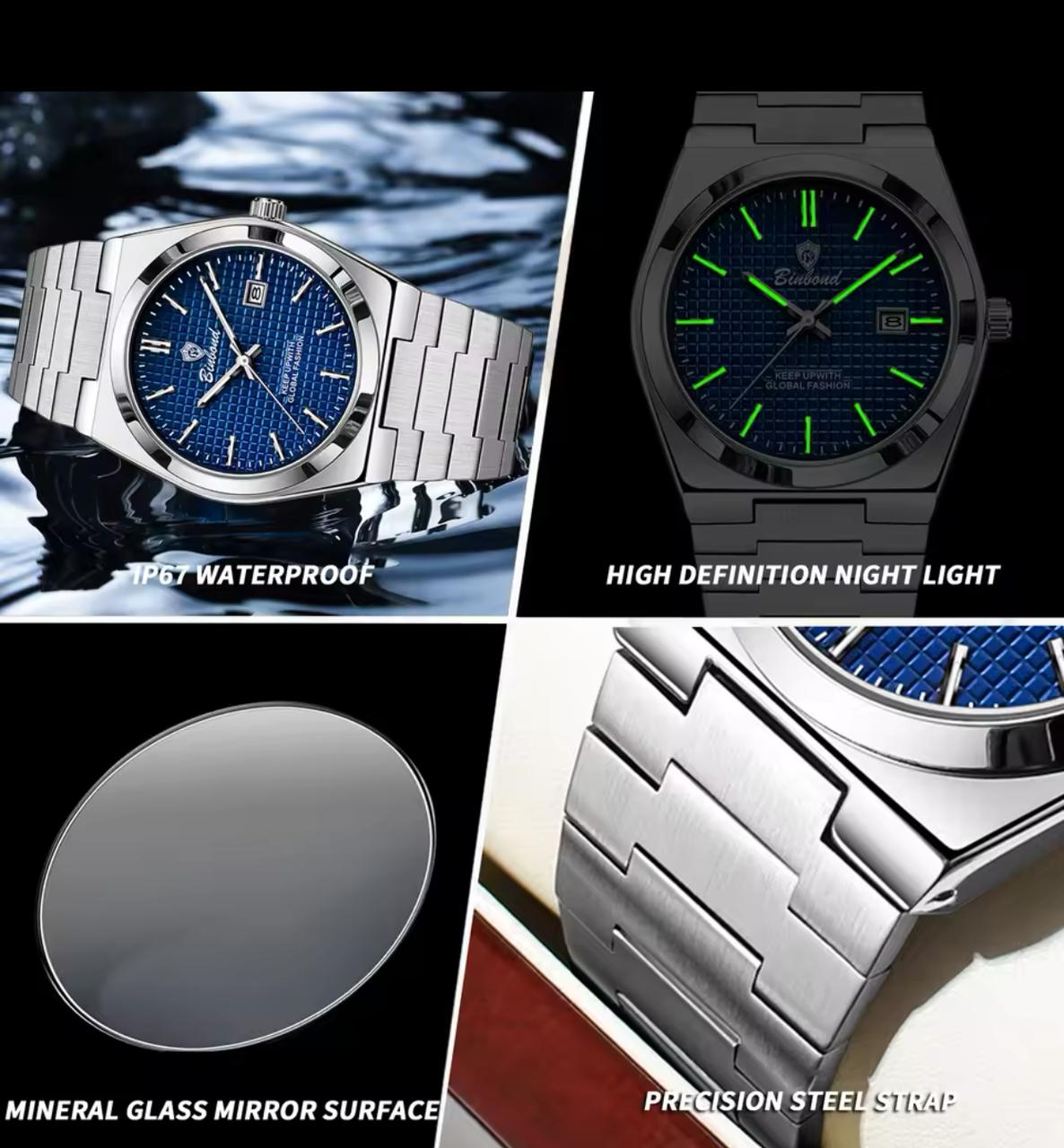 BINBOND B1128 Mens Fashion Luxury High Quality Stainless Steel Strap Silver Color Waterproof Quartz Watch