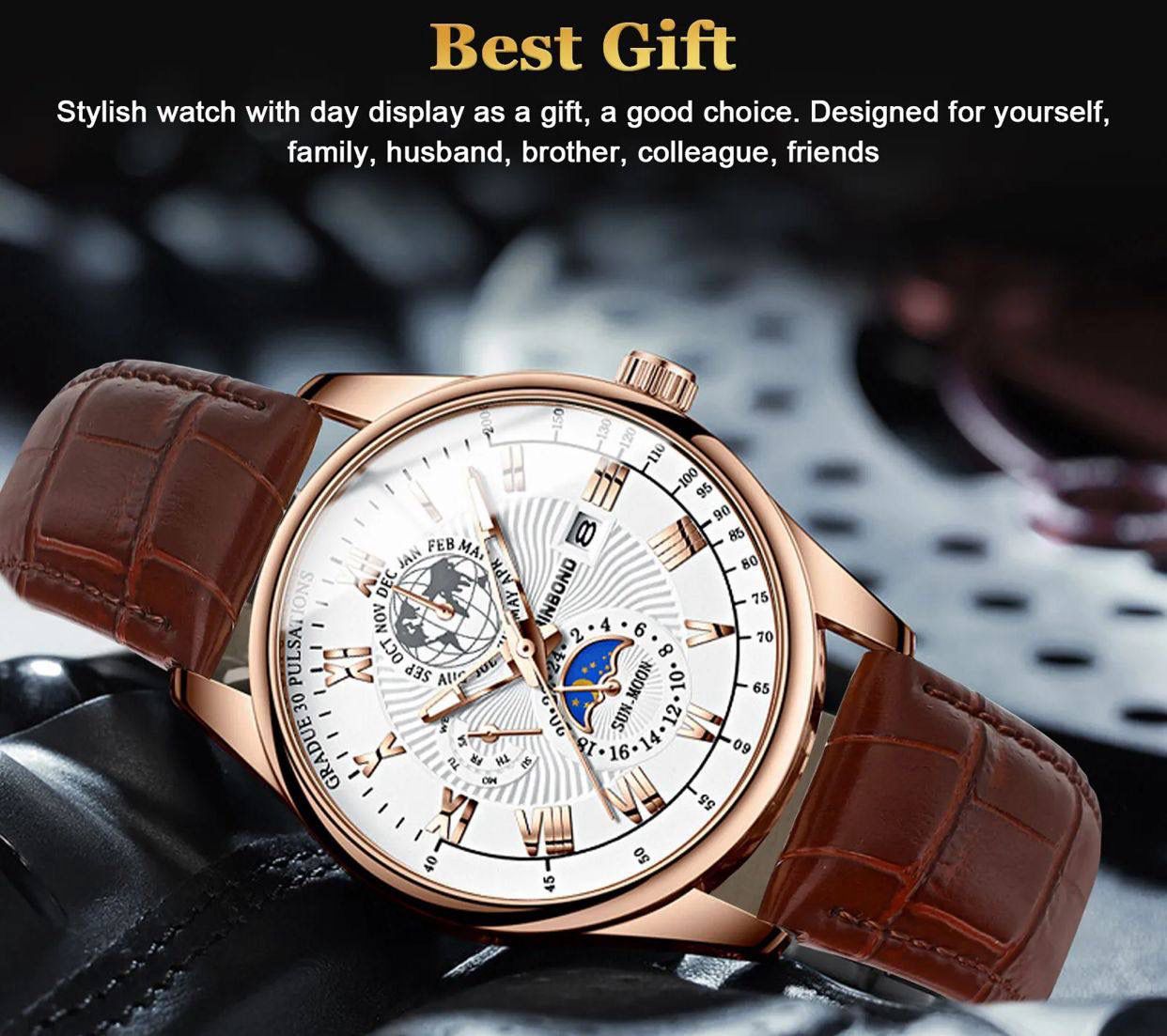BINBONDB3982 Luxury Leather Man Hand Wristwatches Auto Date Quartz Watches Men Wrist Mens Watch