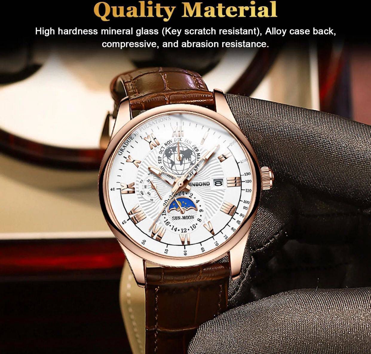BINBONDB3982 Luxury Leather Man Hand Wristwatches Auto Date Quartz Watches Men Wrist Mens Watch