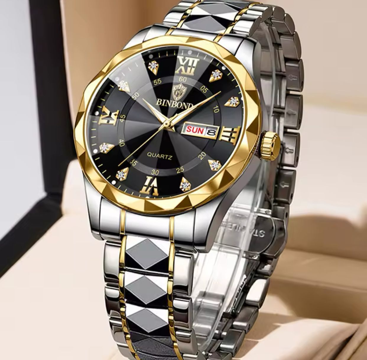 BINBOND Luminous 2521 Quartz Waterproof Fashion Watch for Men Date Stainless Steel Watches Wrist