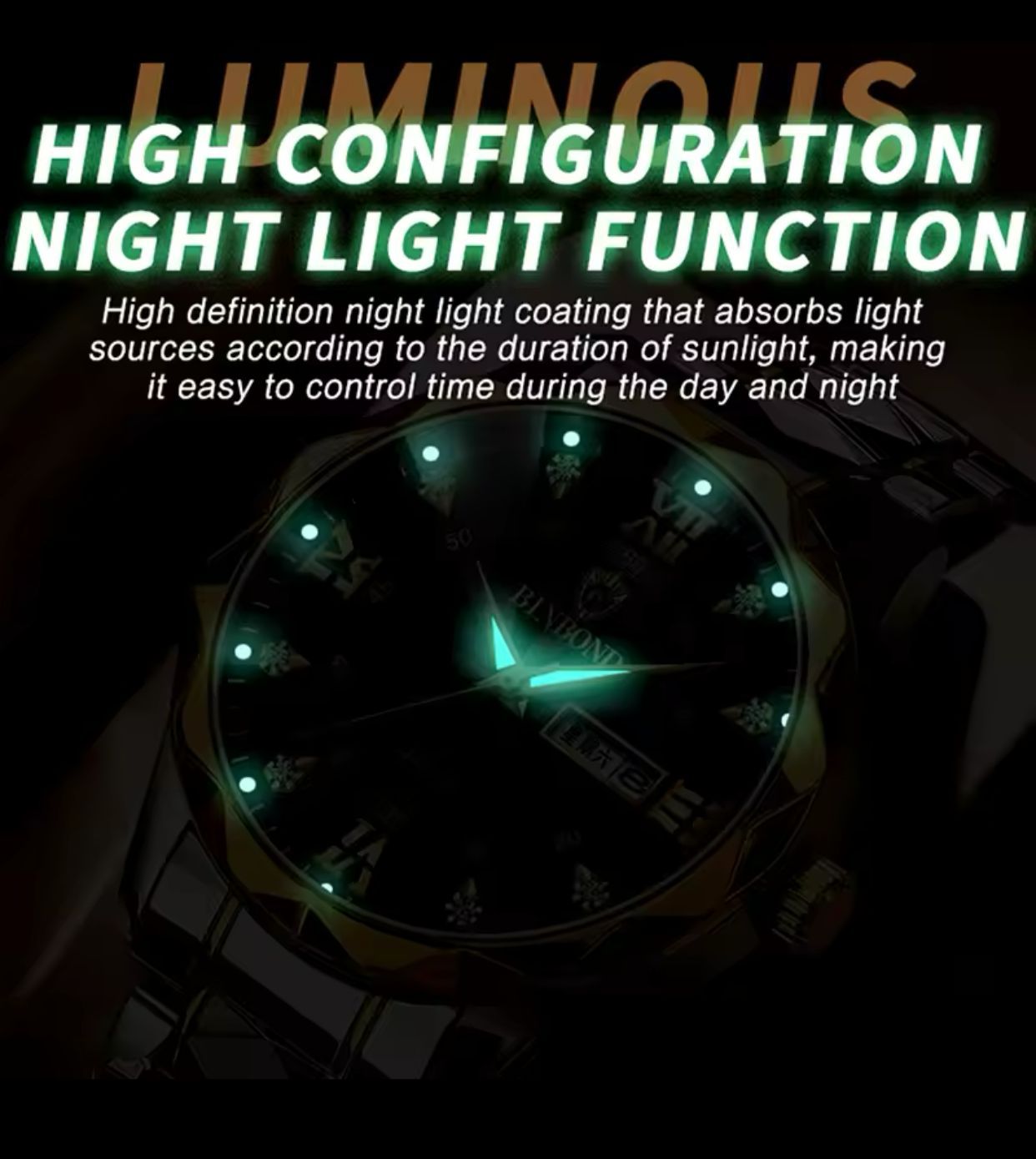 BINBOND Luminous 2521 Quartz Waterproof Fashion Watch for Men Date Stainless Steel Watches Wrist