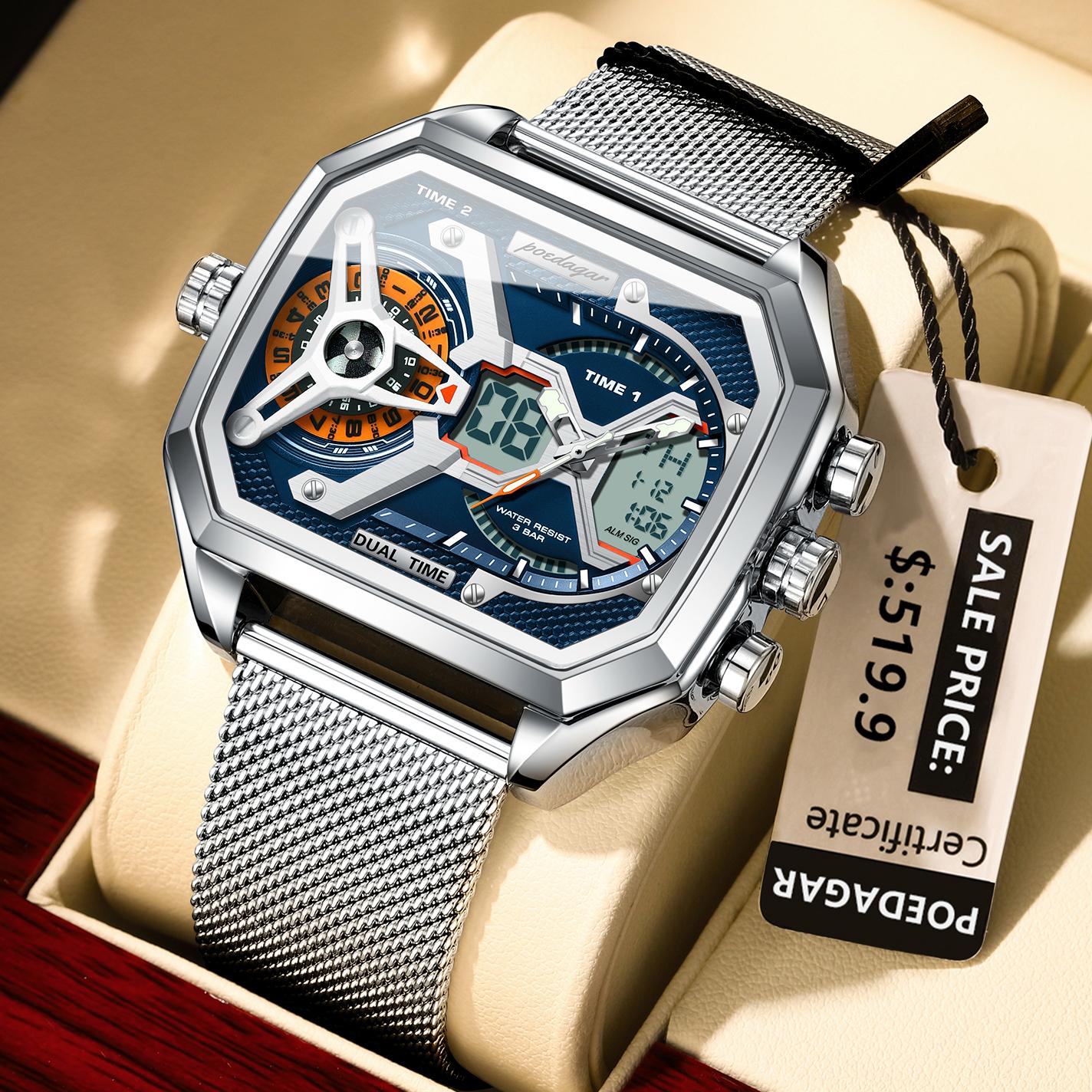 POEDAGAR E106 Fashion Quartz Digital Watch Luxury LED Luminous Dual Display Sports Waterproof Chronograph Electronic Men Watches