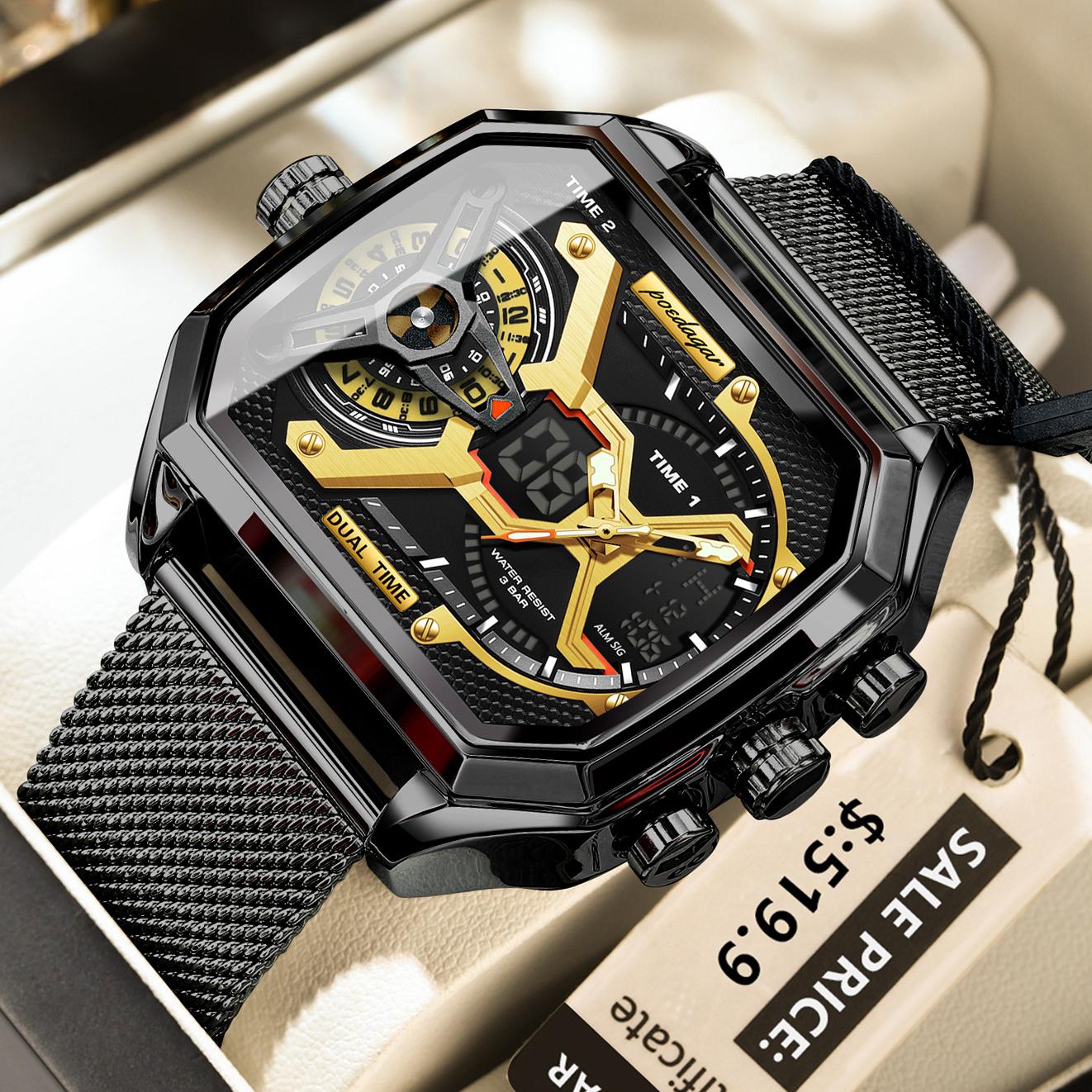 POEDAGAR E106 Fashion Quartz Digital Watch Luxury LED Luminous Dual Display Sports Waterproof Chronograph Electronic Men Watches