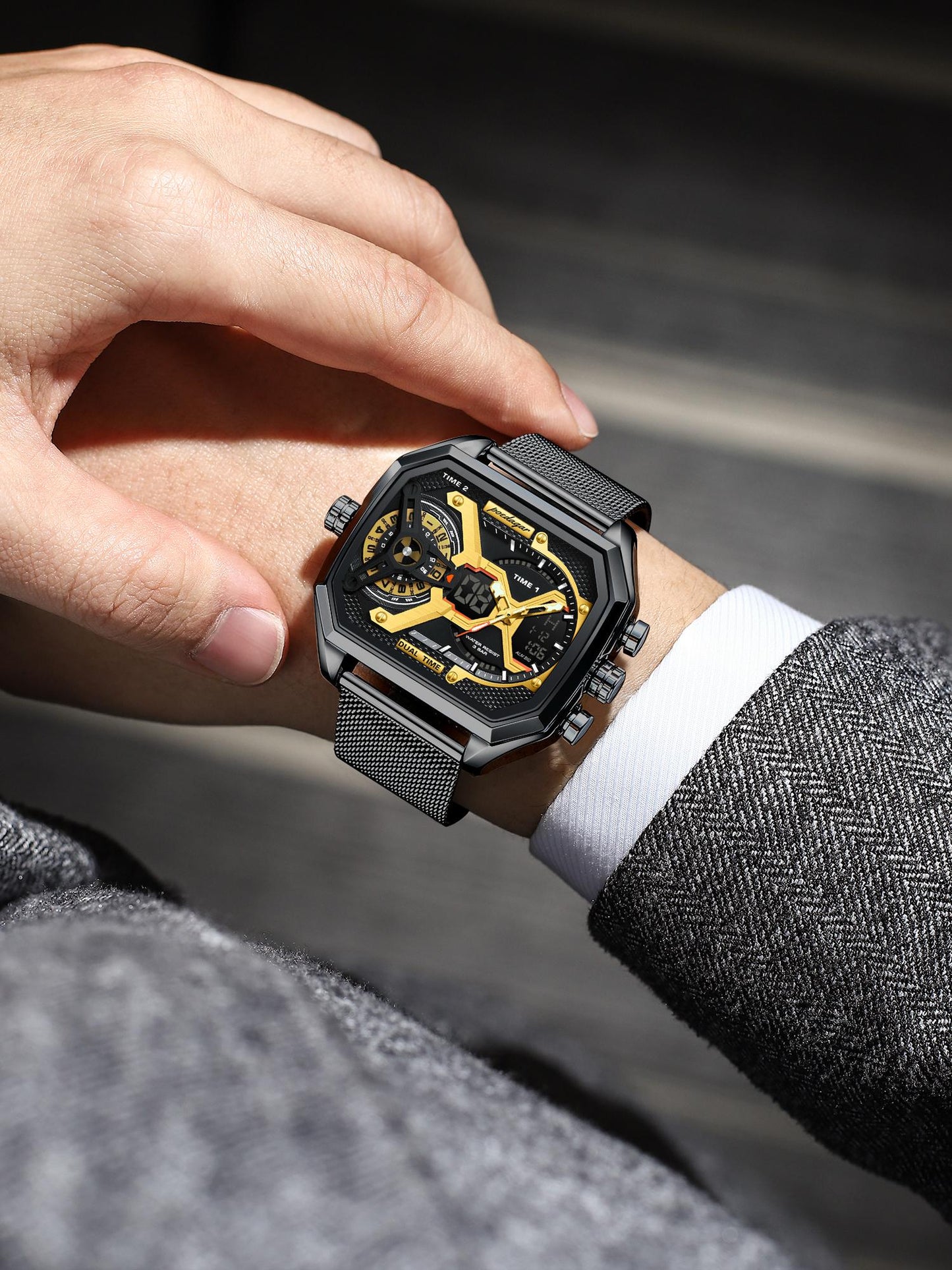 POEDAGAR E106 Fashion Quartz Digital Watch Luxury LED Luminous Dual Display Sports Waterproof Chronograph Electronic Men Watches