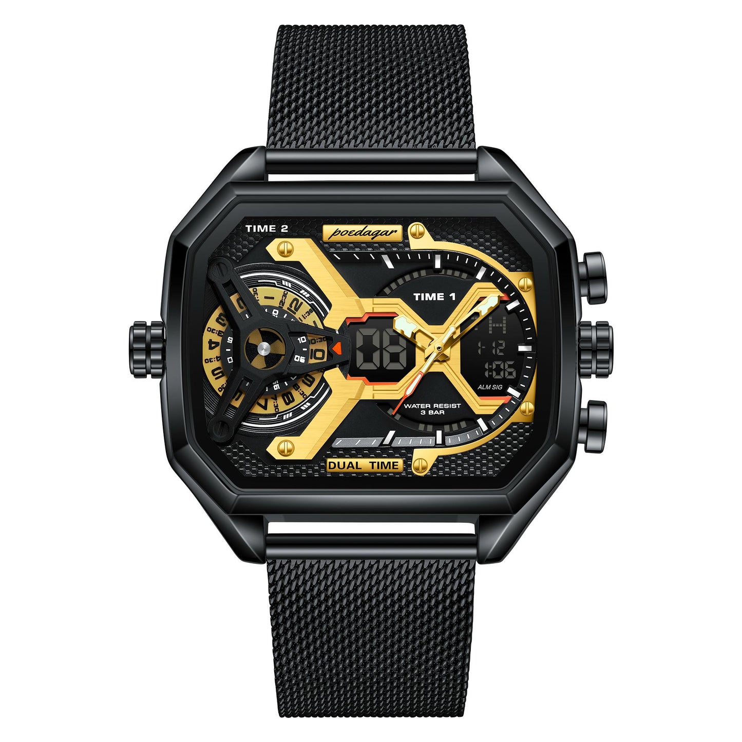 POEDAGAR E106 Fashion Quartz Digital Watch Luxury LED Luminous Dual Display Sports Waterproof Chronograph Electronic Men Watches