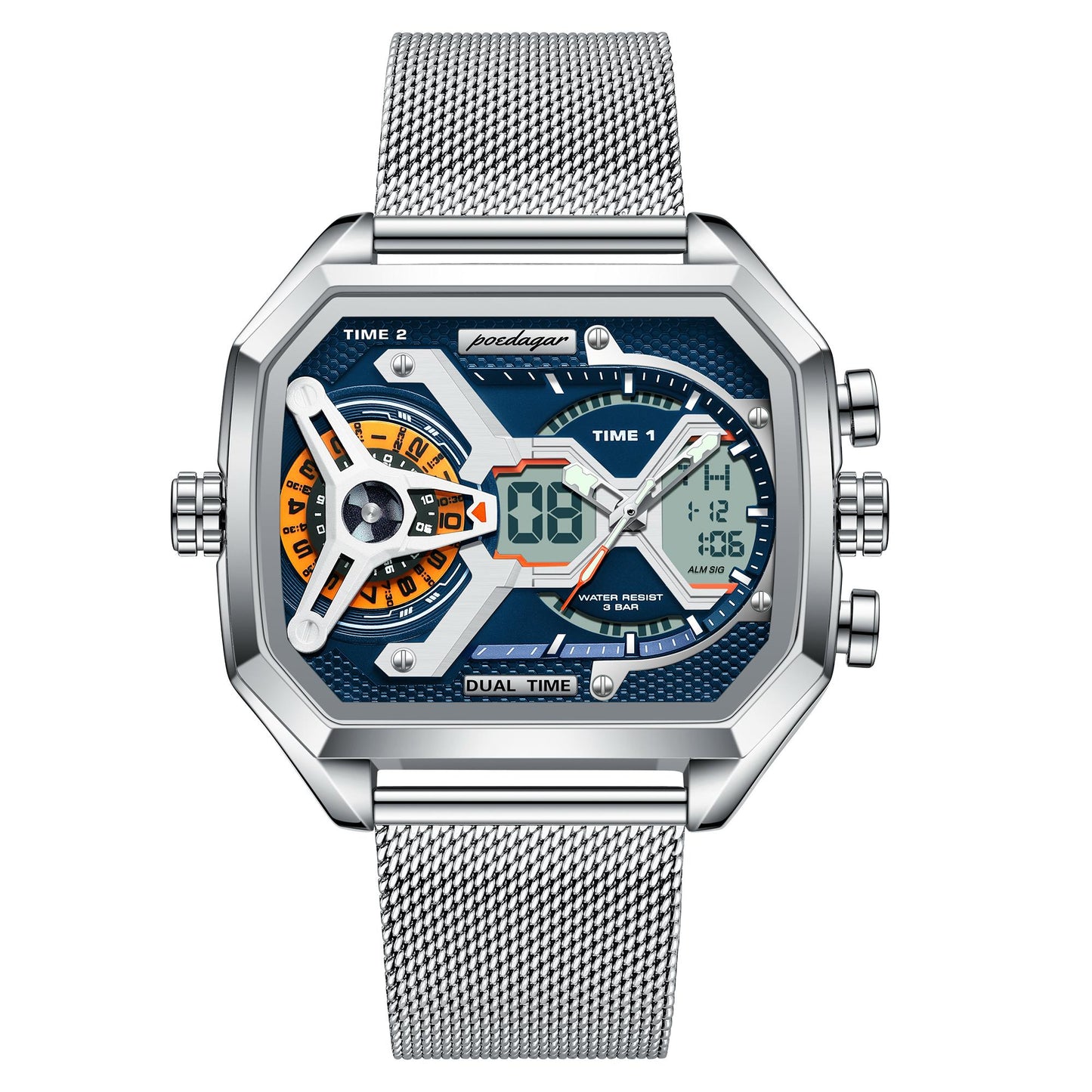 POEDAGAR E106 Fashion Quartz Digital Watch Luxury LED Luminous Dual Display Sports Waterproof Chronograph Electronic Men Watches