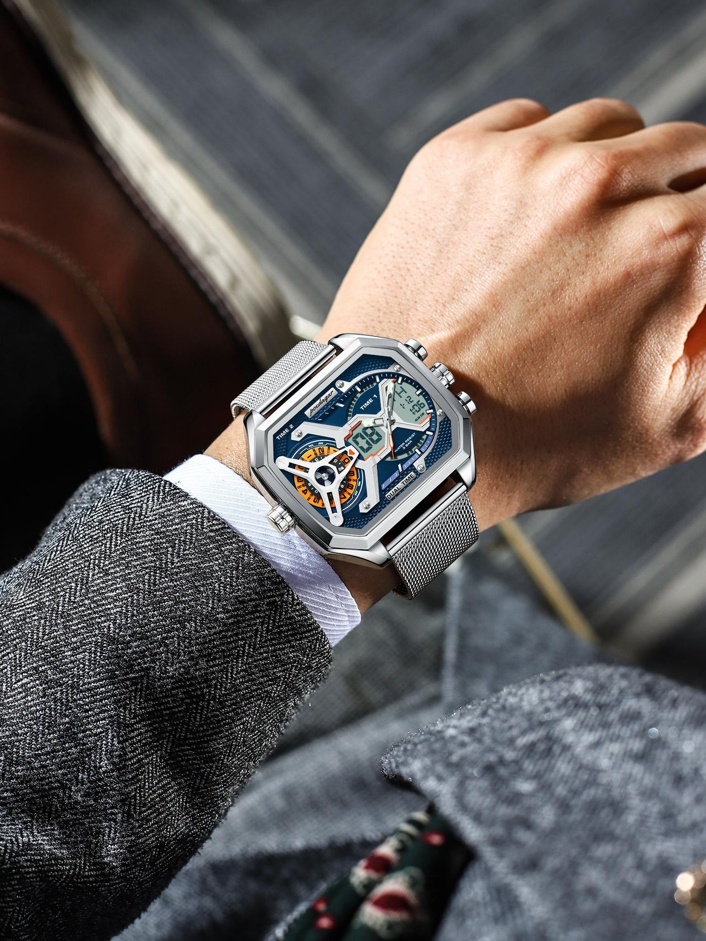 POEDAGAR E106 Fashion Quartz Digital Watch Luxury LED Luminous Dual Display Sports Waterproof Chronograph Electronic Men Watches