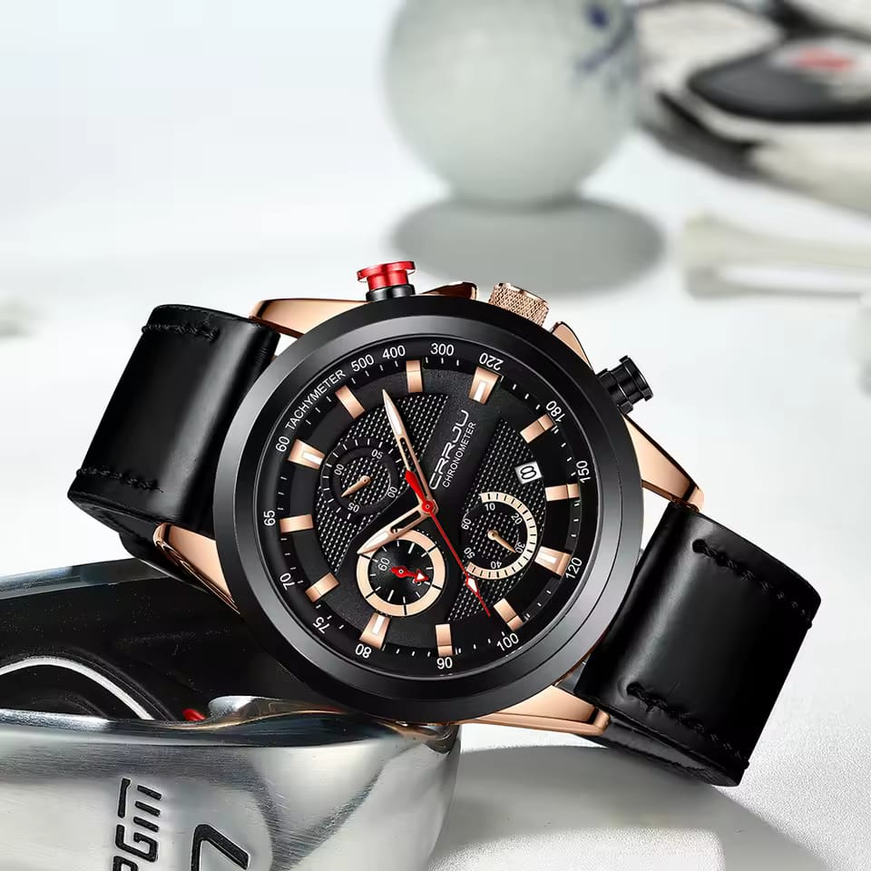 Crrju 2282 Stainless Steel Leather Strap Mens New Luxury Business Luminous Chronograph Date Quartz Watch